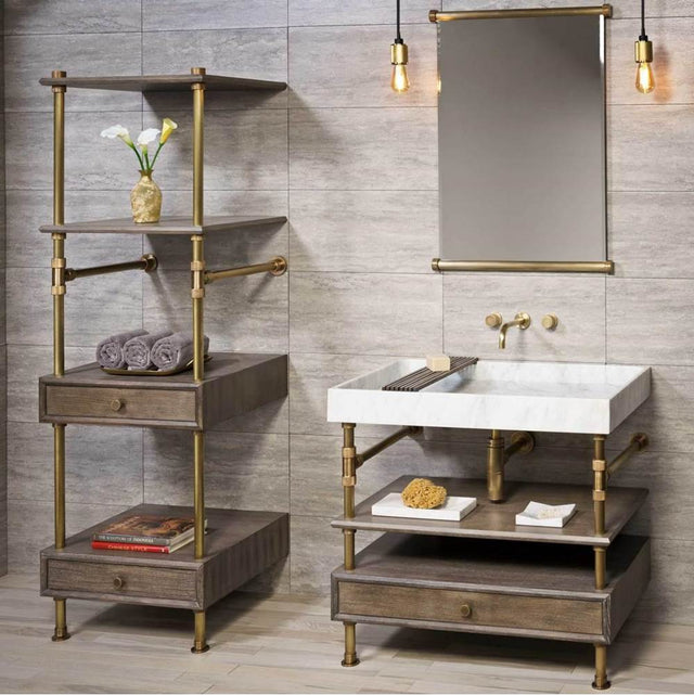 Stone Forest - Elemental Storage Tower, 24'', With Wood Shelves And Drawers (6'') - Aged Brass/Cement Gray Wood