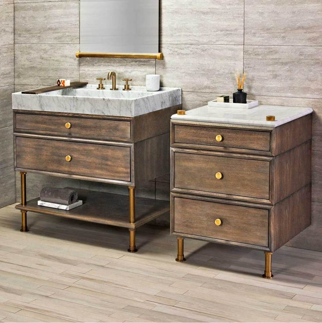 Stone Forest - Elemental Vanity, With Split Drawers And Wood Shelf - Aged Brass/Cement Gray Wood
