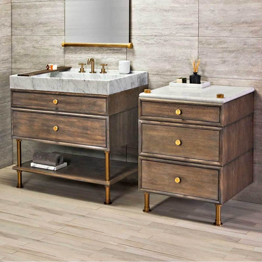 Stone Forest - Elemental Vanity, With Split Drawers And Wood Shelf - Polished Nickel/Cement Gray Wood