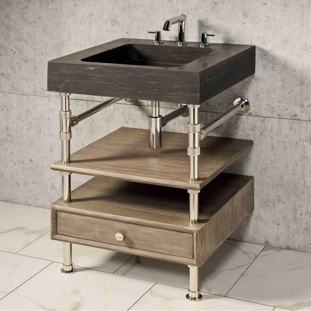 Stone Forest - Elemental Console Vanity, 24'' W, With Drawer And Wood Shelf - Aged Brass/Cement Gray Wood