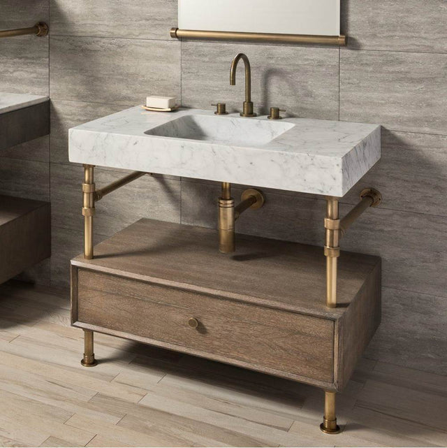 Stone Forest - Elemental Drawer Vanity, 36'' W, With 10'' H Drawer - Aged Brass/Cement Gray Wood