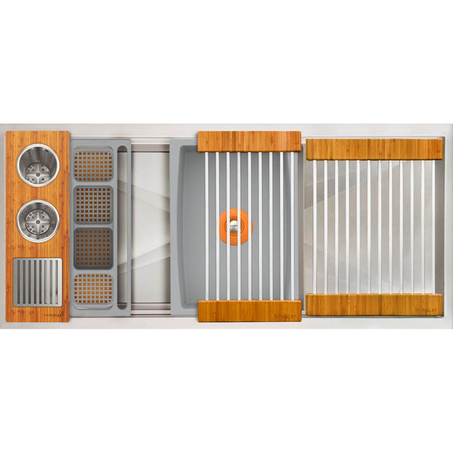The Galley - Ideal WashStationE 30S + 12'' DryDock Drain Side, Four Tool Wash Kit, One DryDock Tool in Natural Golden Bamboo / Exclusive Gray Resin+ - Natural Golden Bamboo