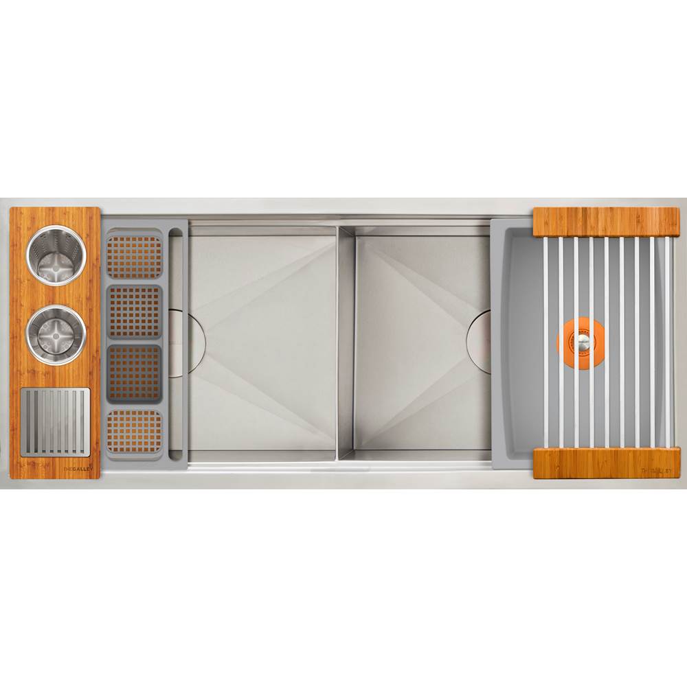 The Galley - Ideal Double Bowl WashStationE 4D with Four Tool Wash Kit in Natural Golden Bamboo / Exclusive Gray Resin+ - Natural Golden Bamboo