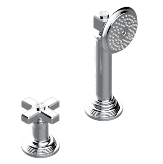 Deck mounted mixer with handshower, progressive cartridge