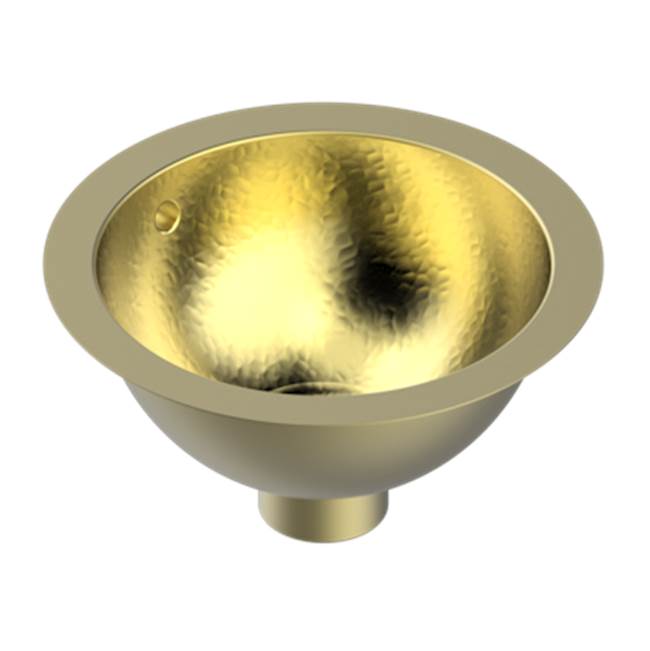 THG - Round Hand Basin, 10 3/8'' With Overflow With Flat Edge, To Fix Under, Hammered Metal Finishing - Soft Gold