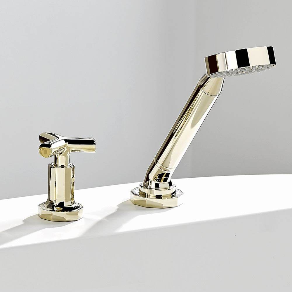 Deck mounted mixer with handshower, progressive cartridge