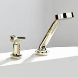 Deck mounted mixer with handshower, progressive cartridge