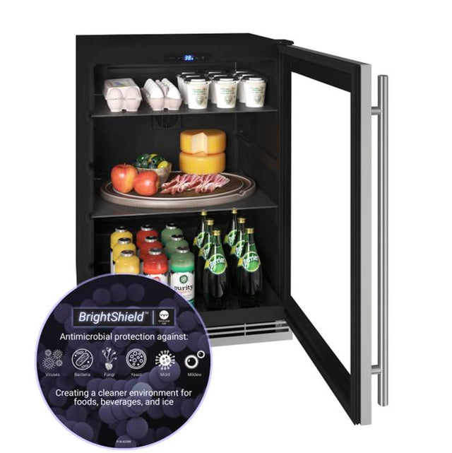 U Line - Glass Refrigerator 24'' Reversible Hinge Stainless Frame 115v BrightShield - Stainless