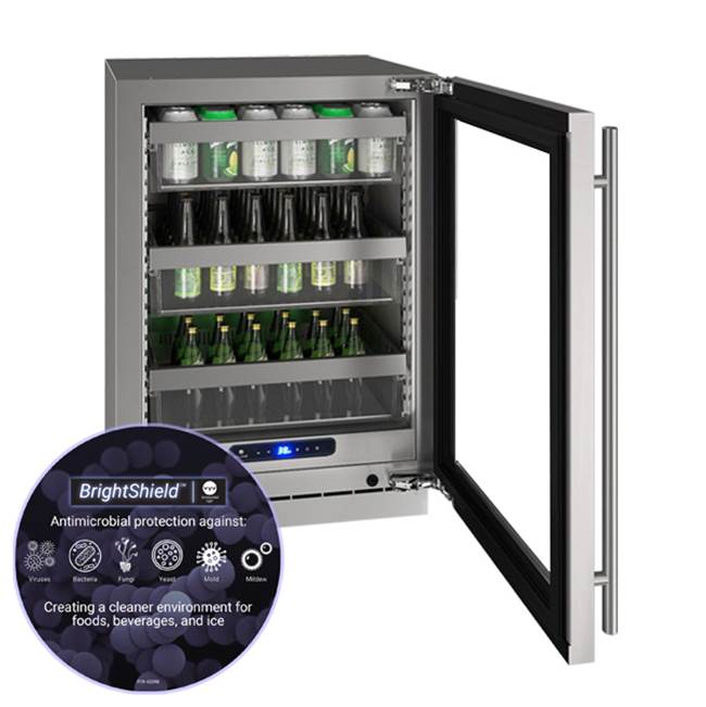 U Line - Glass Refrigerator 24'' Reversible Hinge Stainless Frame 115v BrightShield - Stainless