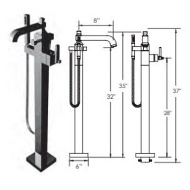 Vissoni - Floor Mount Tub Filler w/Single Function Hand Shower and Hose - Uses P0800 valve - Polished Chrome