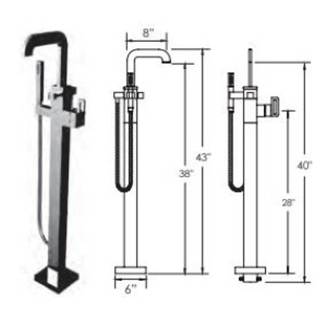 Vissoni - Floor Mount Tub Filler w/Single Function Hand Shower and Hose - Uses P0800 valve - Polished Chrome