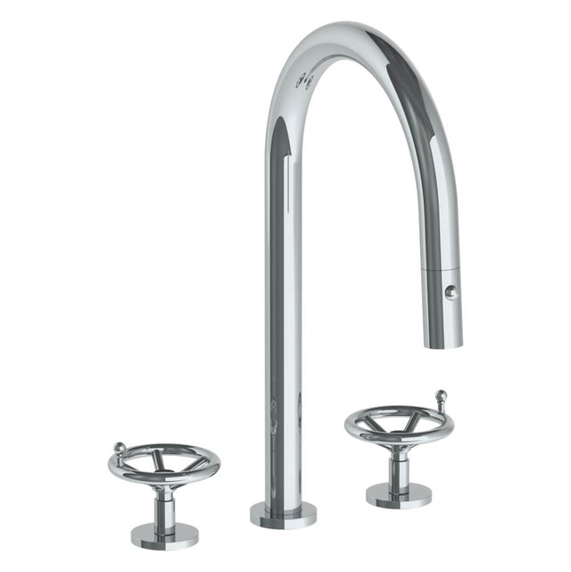 Watermark - Deck Mounted 3 Hole Gooseneck Kitchen Faucet with Pull Down Spray - Vintage Copper
