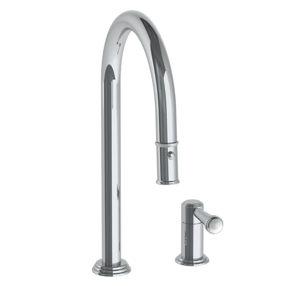 Watermark - Deck Mounted 2 Hole Gooseneck Kitchen Faucet with Pull Down Spray - Vintage Copper