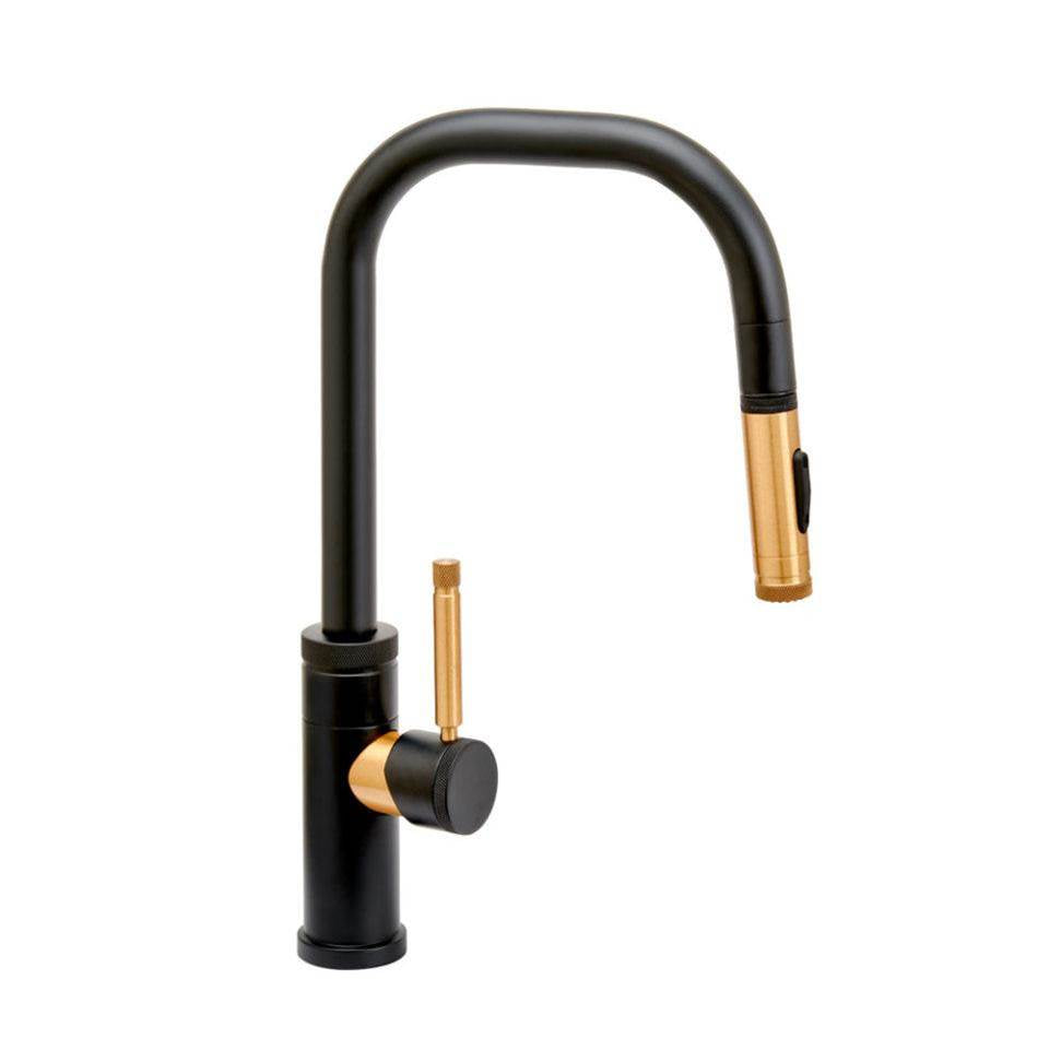 Waterstone - Waterstone Fulton Industrial Prep Size PLP Pulldown Faucet - Angle Spout - Toggle Sprayer - Unlacquered Polished Brass