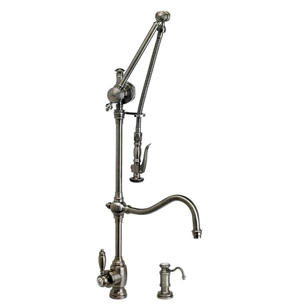 Waterstone - Waterstone Traditional Gantry Pulldown Faucet - Hook Spout - 2pc. Suite - Unlacquered Polished Brass