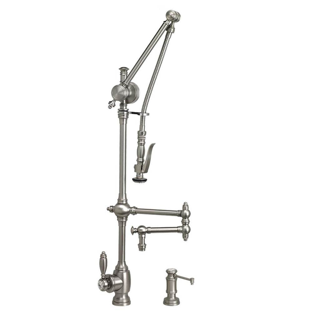Waterstone - Waterstone Traditional Gantry Pulldown Faucet - 12'' Articulated Spout - 2pc. Suite - Unlacquered Polished Brass