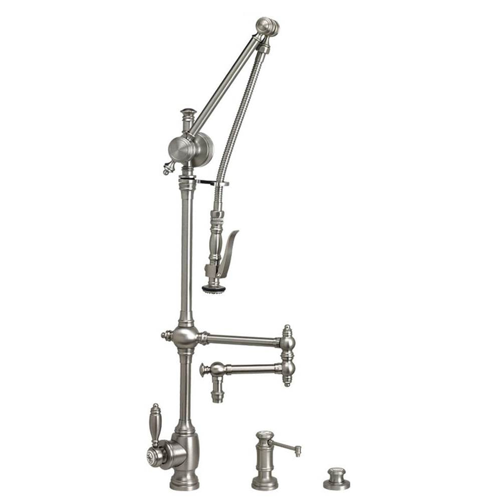 Waterstone - Waterstone Traditional Gantry Pulldown Faucet - 12'' Articulated Spout - 3pc. Suite - Unlacquered Polished Brass