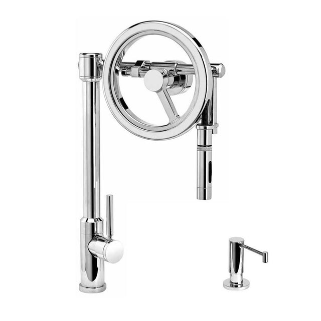 Waterstone - Waterstone Endeavor Wheel Pulldown Faucet - Toggle Sprayer - 2pc. Suite - Unlacquered Polished Brass