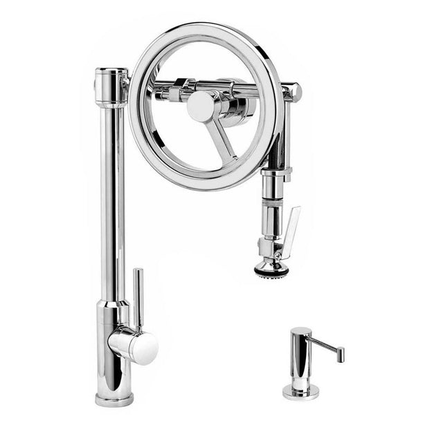 Waterstone - Waterstone Endeavor Wheel Pulldown Faucet - Lever Sprayer - 2pc. Suite - Unlacquered Polished Brass