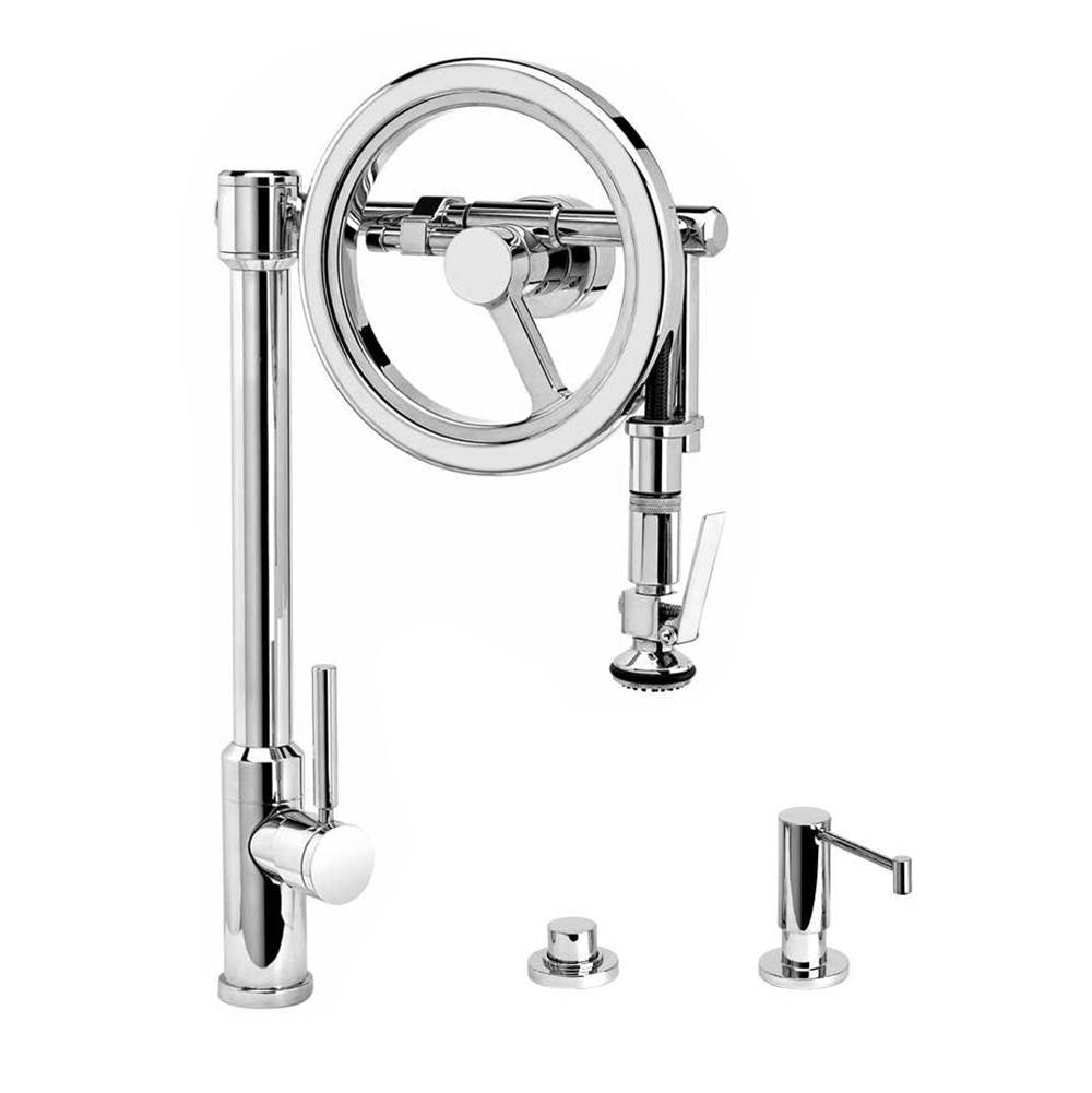 Waterstone - Waterstone Endeavor Wheel Pulldown Faucet - Lever Sprayer - 3pc. Suite - Unlacquered Polished Brass