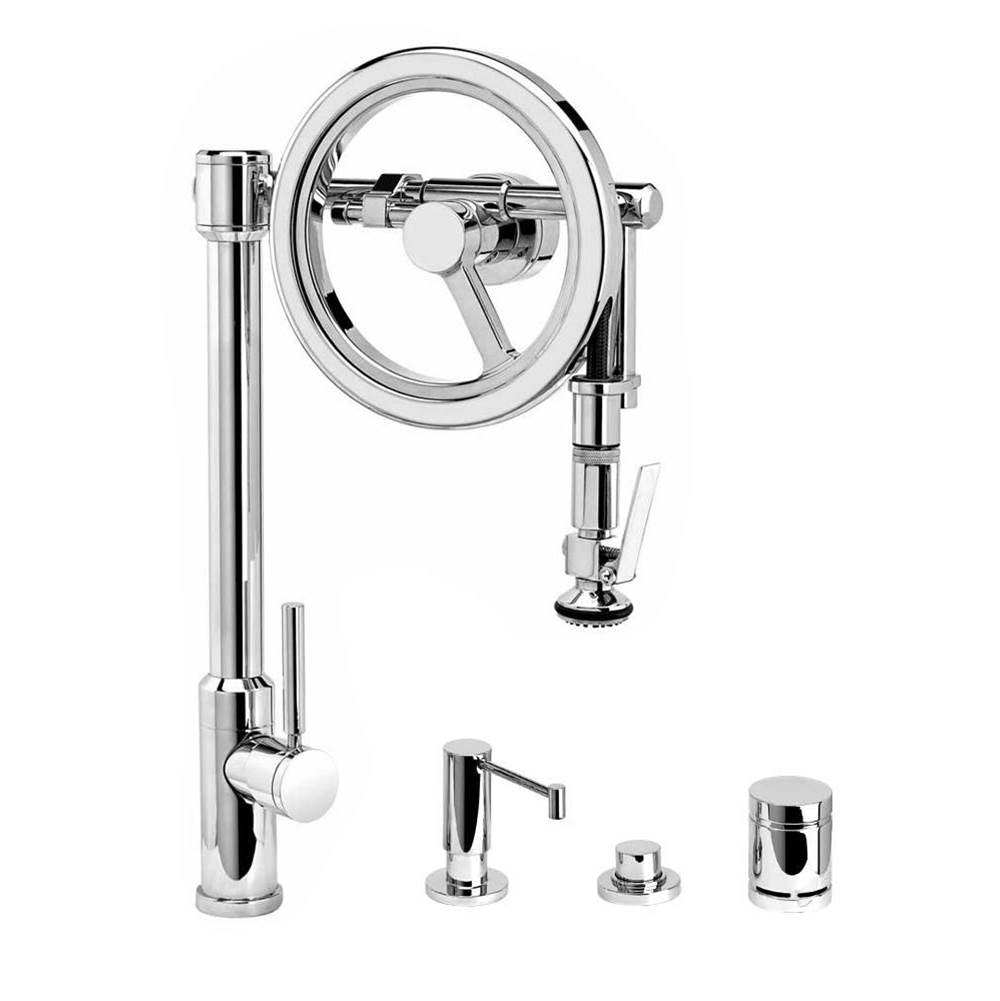 Waterstone - Waterstone Endeavor Wheel Pulldown Faucet - Lever Sprayer - 4pc. Suite - Unlacquered Polished Brass