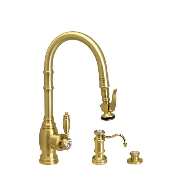 Waterstone - Waterstone Traditional Prep Size PLP Pulldown Faucet - Angled Spout - 3pc. Suite - Unlacquered Polished Brass