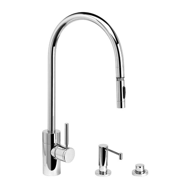 Waterstone - Waterstone Contemporary Extended Reach PLP Pulldown Faucet - Toggle Sprayer - 3pc. Suite - Unlacquered Polished Brass