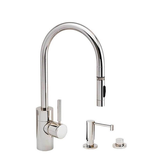 Waterstone - Waterstone Contemporary PLP Pulldown Faucet - Lever Sprayer - 3pc. Suite - Unlacquered Polished Brass