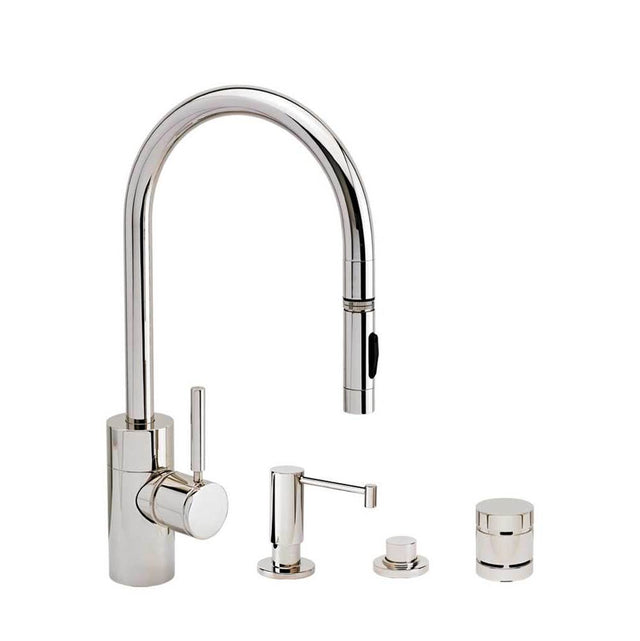 Waterstone - Waterstone Contemporary PLP Pulldown Faucet - Lever Sprayer - 4pc. Suite - Unlacquered Polished Brass