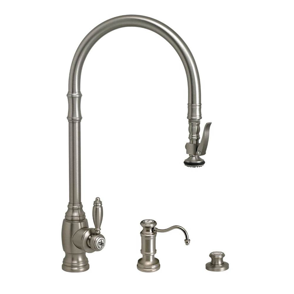 Waterstone - Waterstone Traditional Extended Reach PLP Pulldown Faucet - 3pc. Suite - Unlacquered Polished Brass