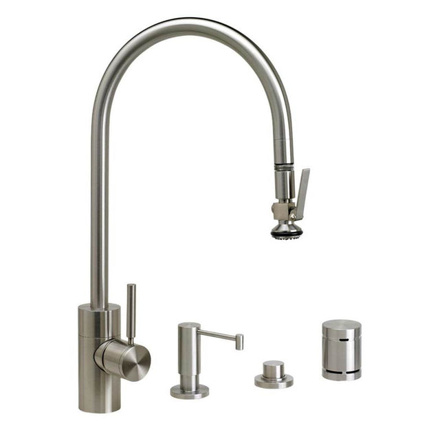 Waterstone - Waterstone Contemporary Extended Reach PLP Pulldown Faucet - Lever Sprayer - 4pc. Suite - Unlacquered Polished Brass