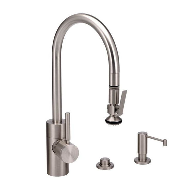 Waterstone - Waterstone Contemporary PLP Pulldown Faucet - Lever Sprayer - 3pc. Suite - Unlacquered Polished Brass