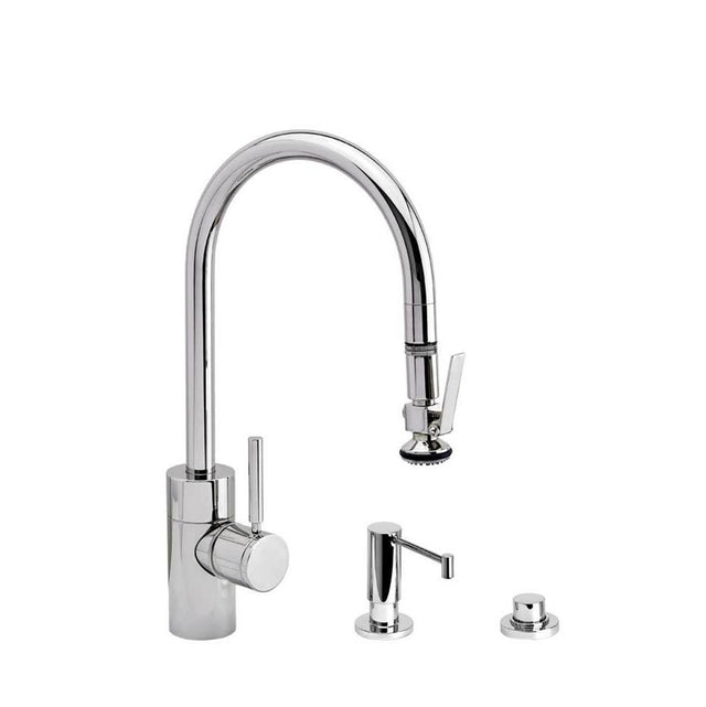 Waterstone - Waterstone Contemporary PLP Pulldown Faucet - Lever Sprayer - 3pc. Suite - Unlacquered Polished Brass