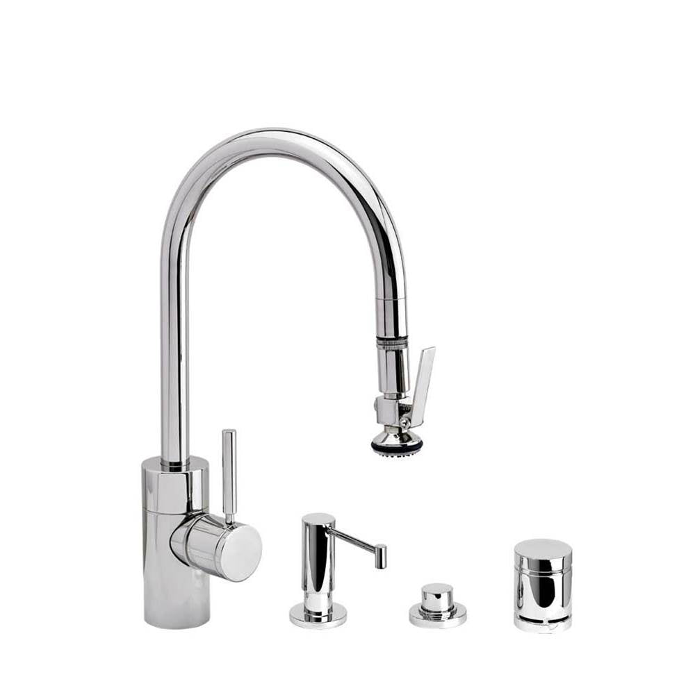 Waterstone - Waterstone Contemporary PLP Pulldown Faucet - Lever Sprayer - 4pc. Suite - Unlacquered Polished Brass