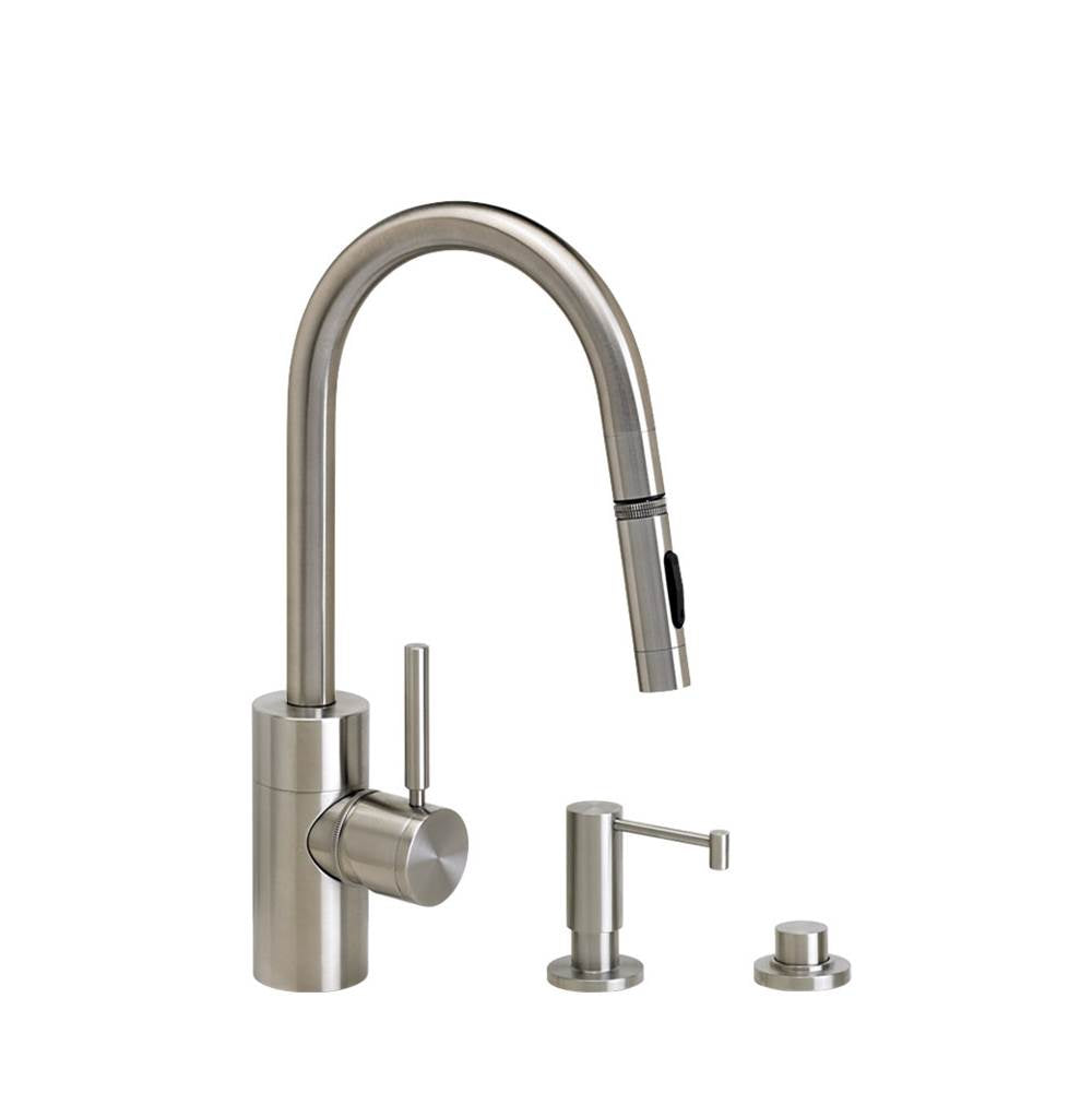 Waterstone - Waterstone Contemporary Prep Size PLP Pulldown Faucet - Toggle Sprayer - 3pc. Suite - Unlacquered Polished Brass