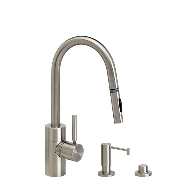 Waterstone - Waterstone Contemporary Prep Size PLP Pulldown Faucet - Toggle Sprayer - 3pc. Suite - Unlacquered Polished Brass