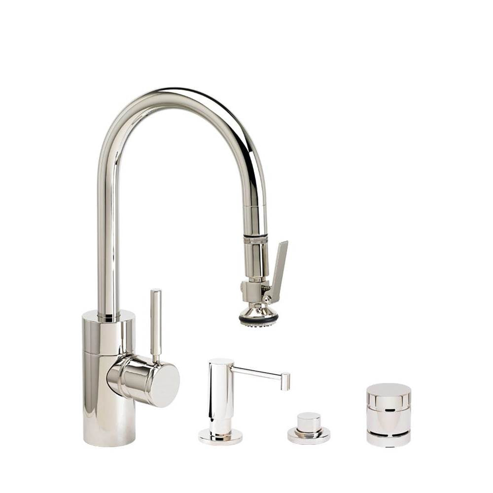 Waterstone - Waterstone Contemporary Prep Size PLP Pulldown Faucet - Lever Sprayer - 4pc. Suite - Unlacquered Polished Brass