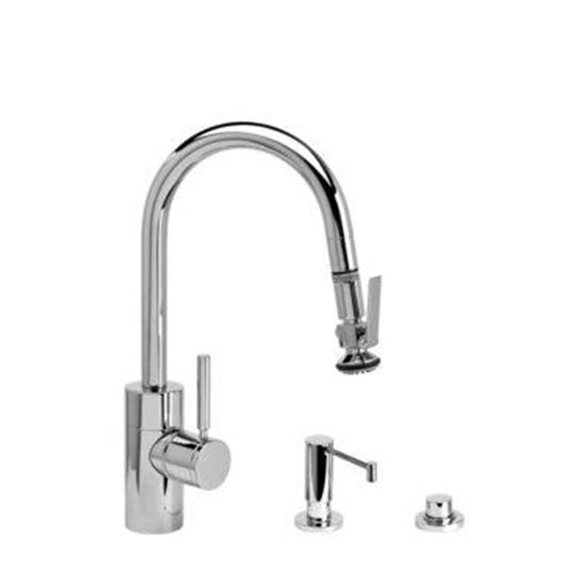 Waterstone - Waterstone Contemporary Prep Size PLP Pulldown Faucet - Lever Sprayer - 3pc. Suite - Unlacquered Polished Brass