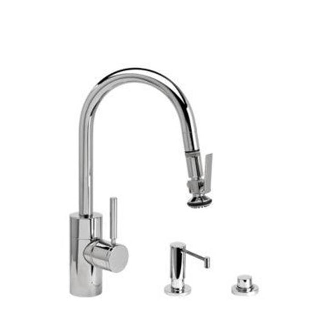 Waterstone - Waterstone Contemporary Prep Size PLP Pulldown Faucet - Lever Sprayer - 3pc. Suite - Unlacquered Polished Brass