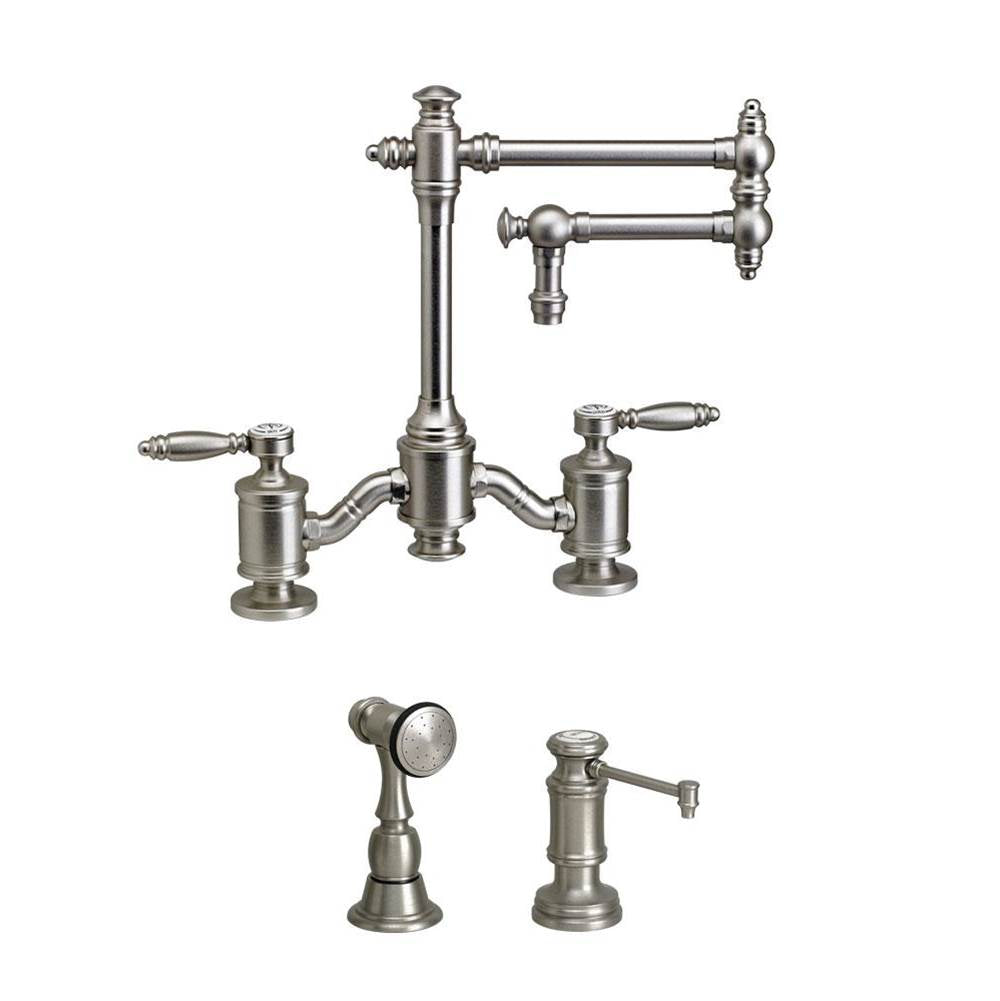Waterstone - Waterstone Towson Bridge Faucet - 12'' Articulated Spout - Lever Handles - 2pc. Suite - Unlacquered Polished Brass
