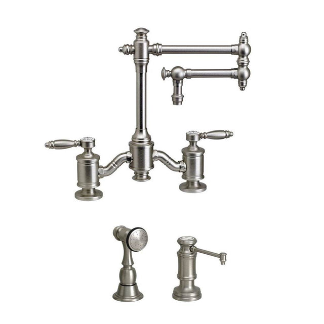 Waterstone - Waterstone Towson Bridge Faucet - 12'' Articulated Spout - Lever Handles - 2pc. Suite - Unlacquered Polished Brass