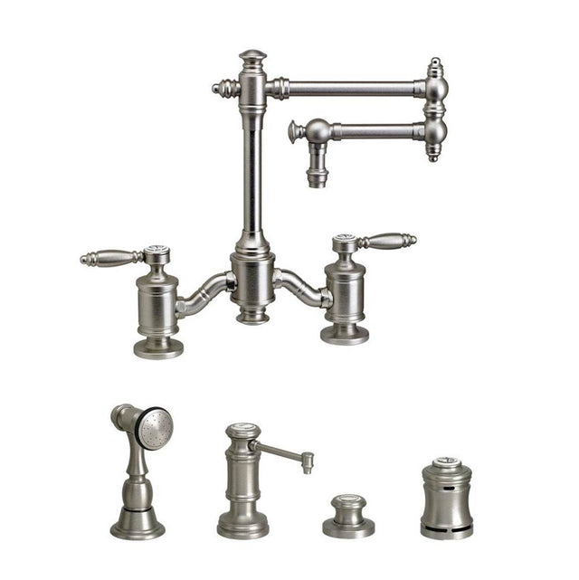Waterstone - Waterstone Towson Bridge Faucet - 12'' Articulated Spout - Lever Handles - 4pc. Suite - Unlacquered Polished Brass