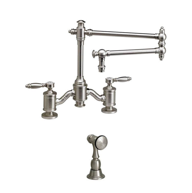 Waterstone - Waterstone Towson Bridge Faucet - 18'' Articulated Spout - Lever Handles w/ Side Spray - Unlacquered Polished Brass