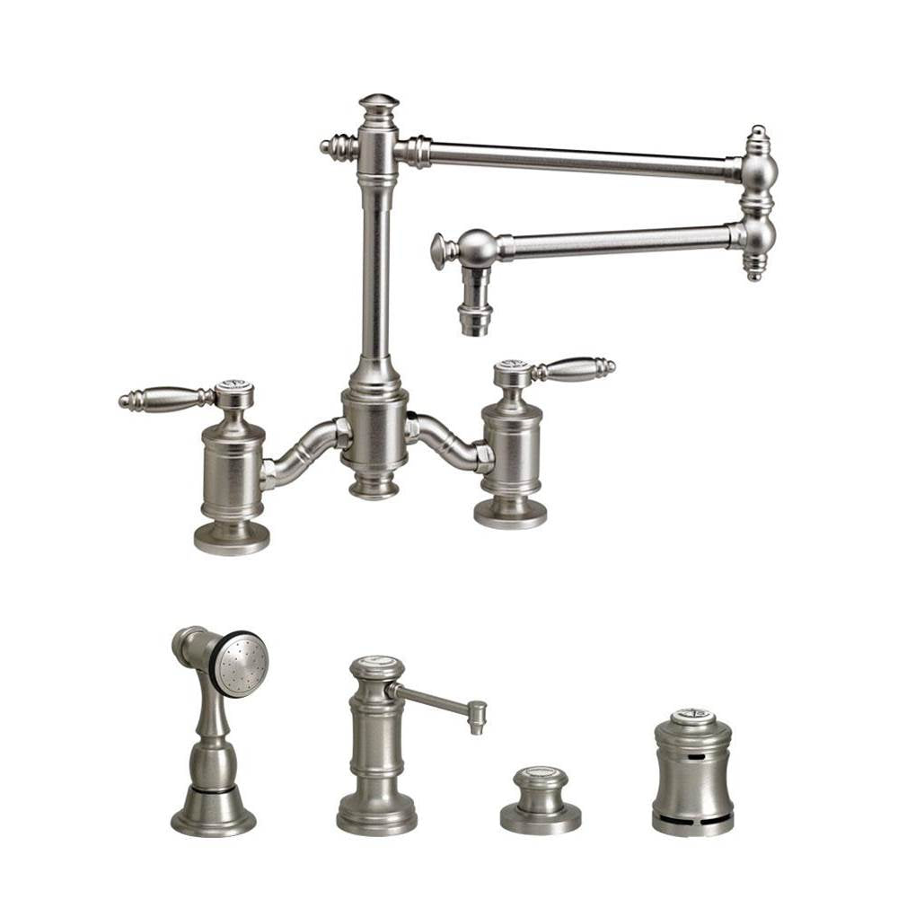 Waterstone - Waterstone Towson Bridge Faucet - 18'' Articulated Spout - Lever Handles - 4pc. Suite - Unlacquered Polished Brass