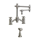 Waterstone - Waterstone Towson Bridge Faucet - 12'' Articulated Spout - Cross Handles w/ Side Spray - Unlacquered Polished Brass