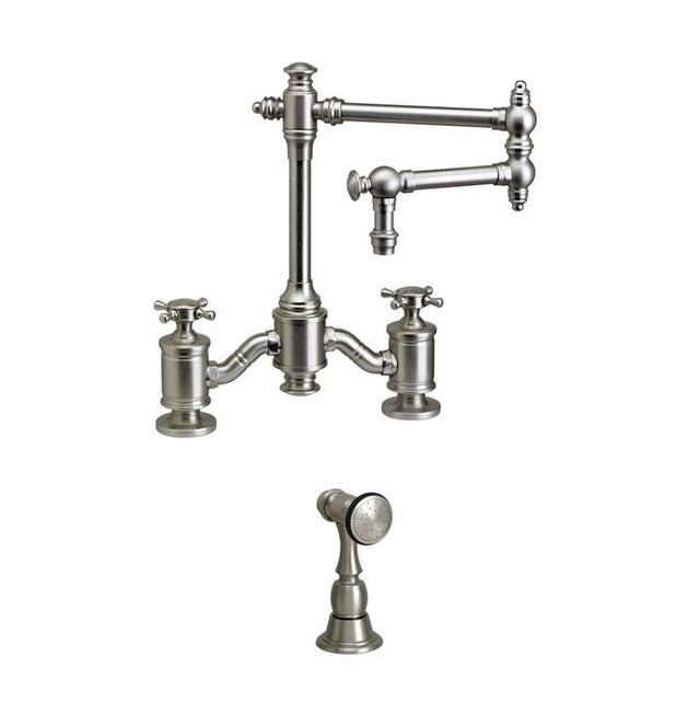 Waterstone - Waterstone Towson Bridge Faucet - 12'' Articulated Spout - Cross Handles w/ Side Spray - Unlacquered Polished Brass