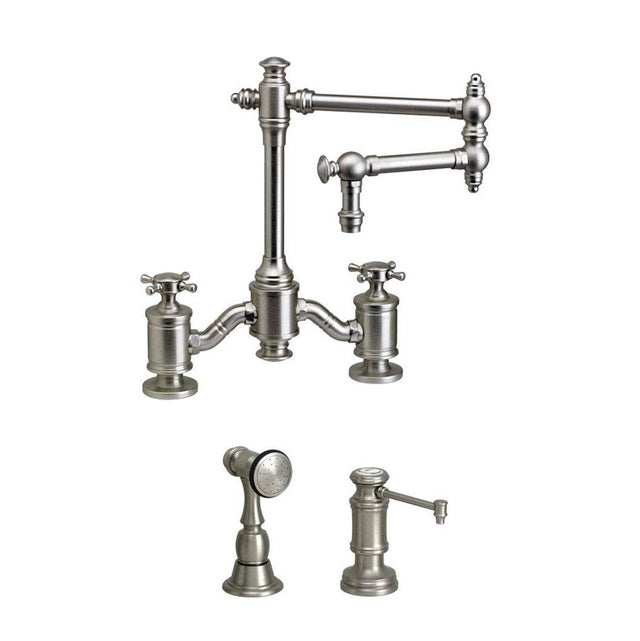Waterstone - Waterstone Towson Bridge Faucet - 12'' Articulated Spout - Cross Handles - 2pc. Suite - Unlacquered Polished Brass
