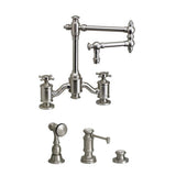 Waterstone - Waterstone Towson Bridge Faucet - 12'' Articulated Spout - Cross Handles - 3pc. Suite - Unlacquered Polished Brass