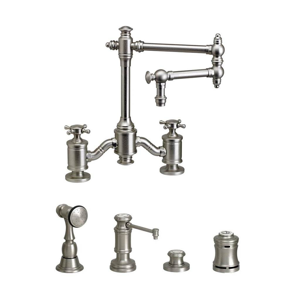 Waterstone - Waterstone Towson Bridge Faucet - 12'' Articulated Spout - Cross Handles - 4pc. Suite - Matte White