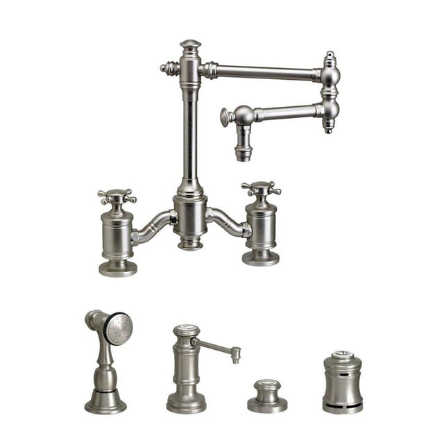 Waterstone - Waterstone Towson Bridge Faucet - 12'' Articulated Spout - Cross Handles - 4pc. Suite - Unlacquered Polished Brass